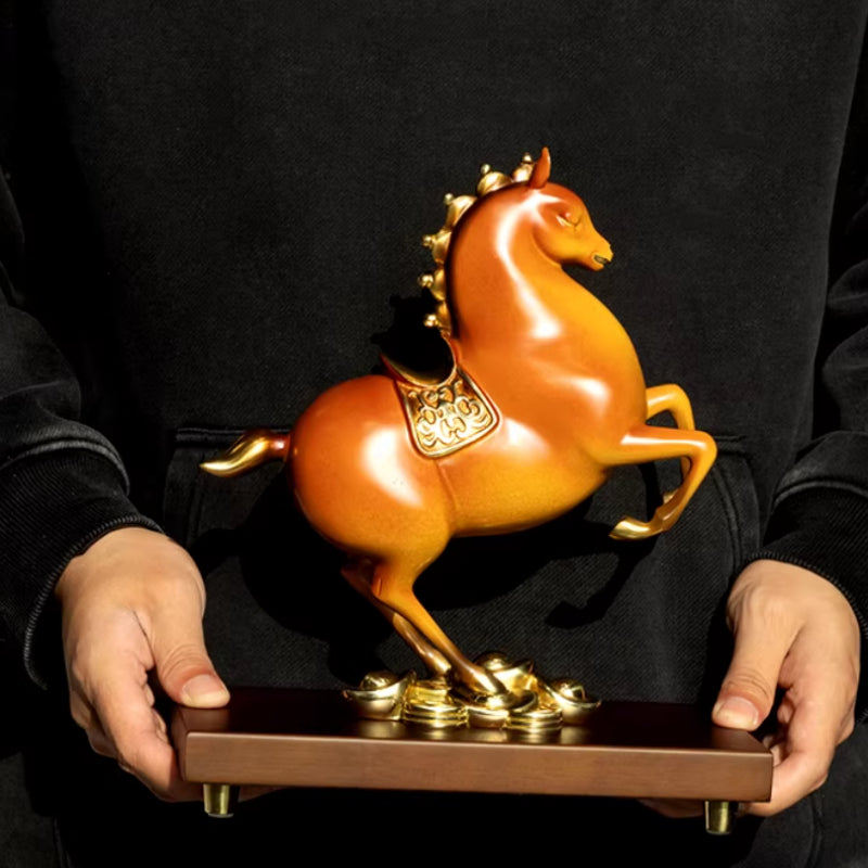 Luxury Brass Horse Sculpture with Wooden Base