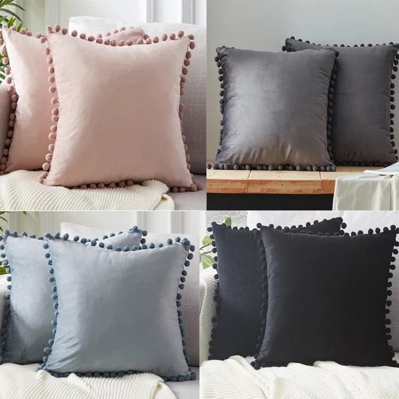 Short Plush Cushion Cover with Pom-Pom Trim