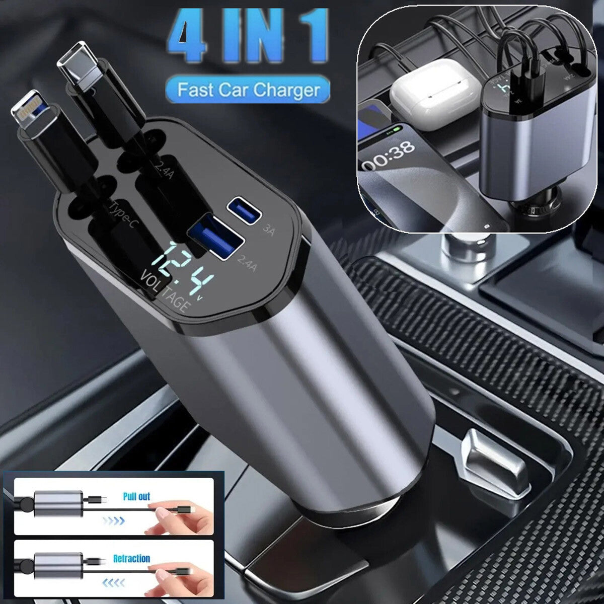 120W 4-in-1 Retractable Car Charger