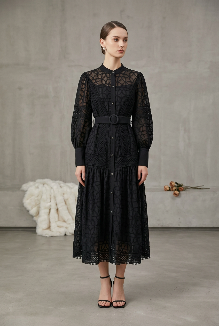 Women's Embroidered A-Line Midi Dress