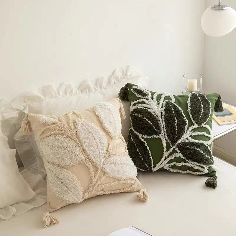 Embroidered Leaf Cotton Cushion Cover with Tassels