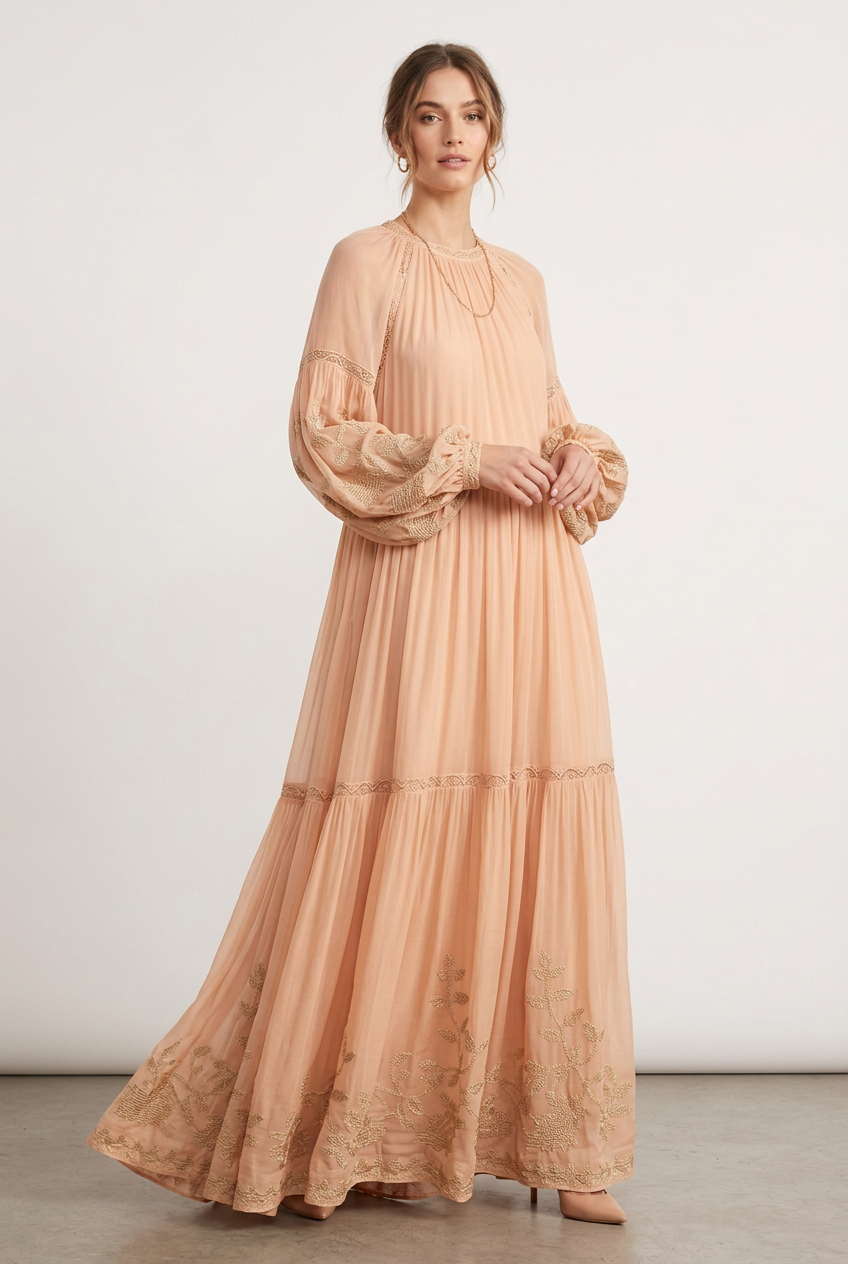 Women's Cotton-Linen Floral Embroidered Maxi Dress