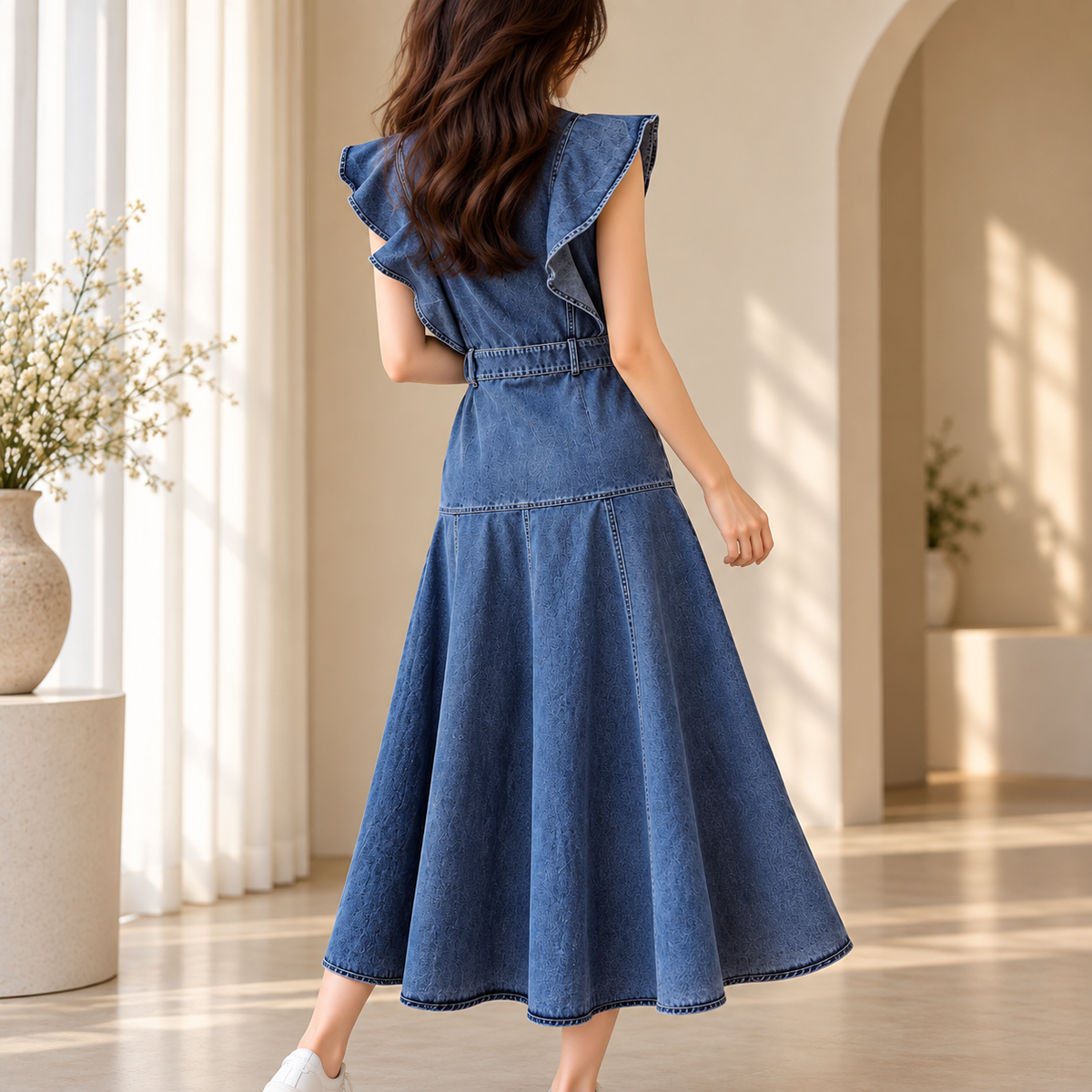 Women's Ruffle-Hem Denim-Style Maxi Dress