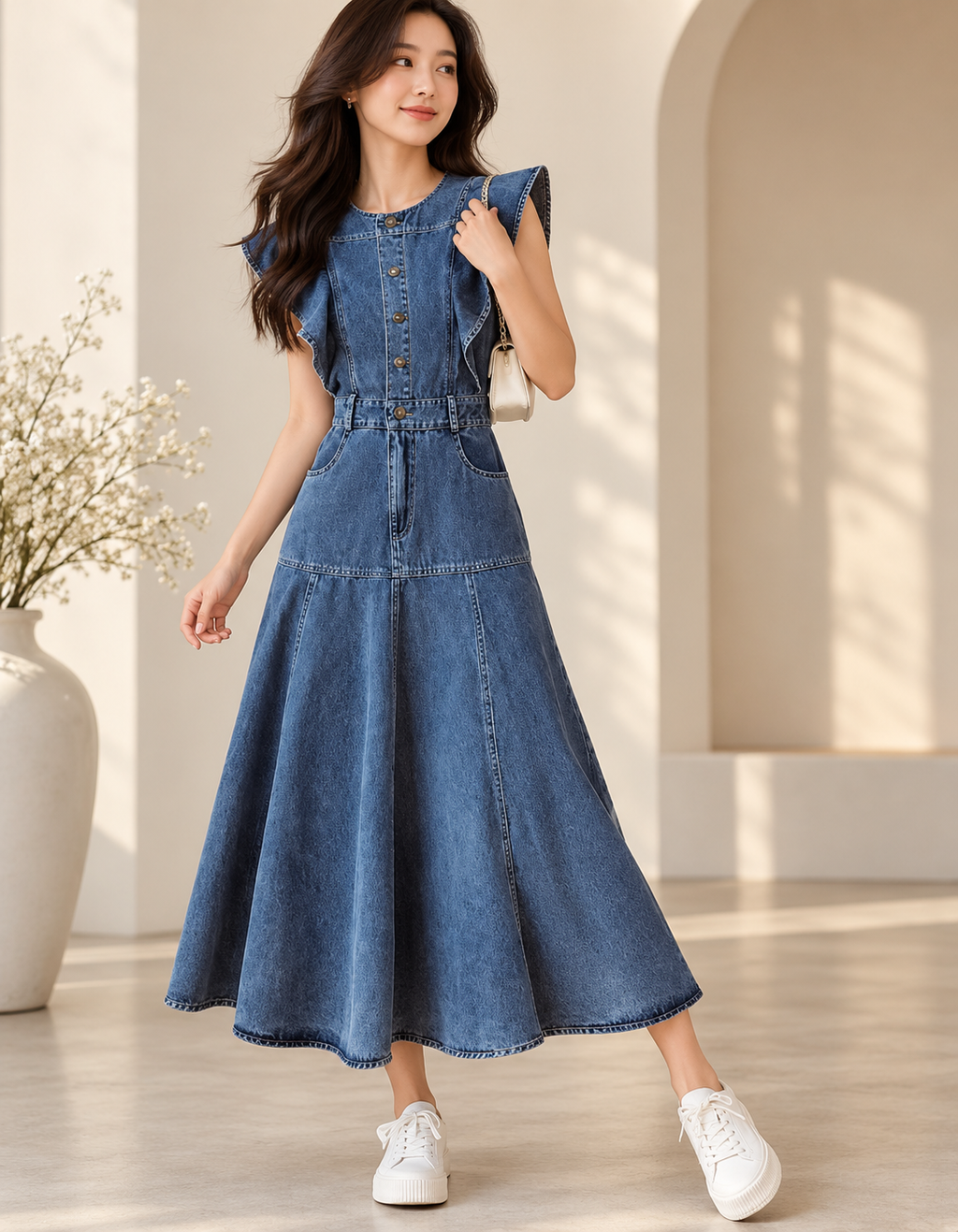 Women's Ruffle-Hem Denim-Style Maxi Dress