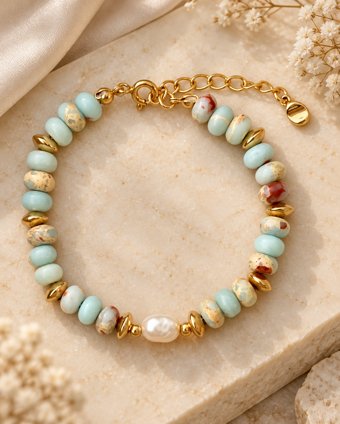 Tiger Eye & Blue Pattern Pearl Bracelet