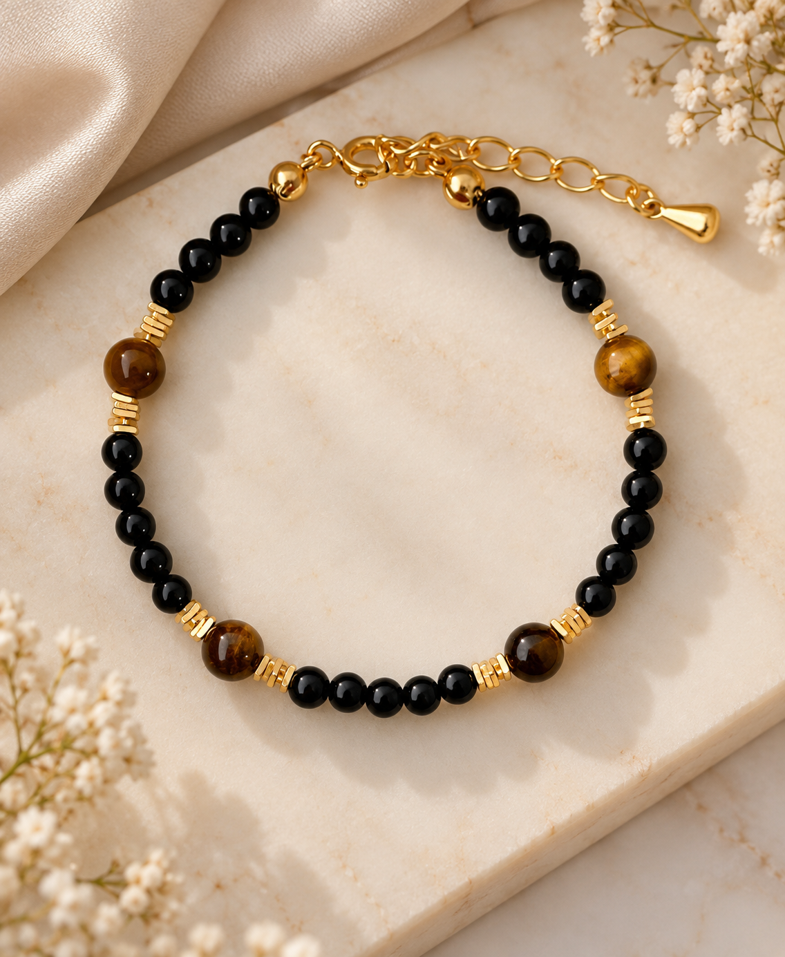 Tiger Eye & Blue Pattern Pearl Bracelet