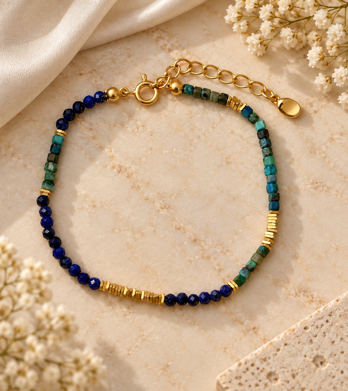 Tiger Eye & Blue Pattern Pearl Bracelet