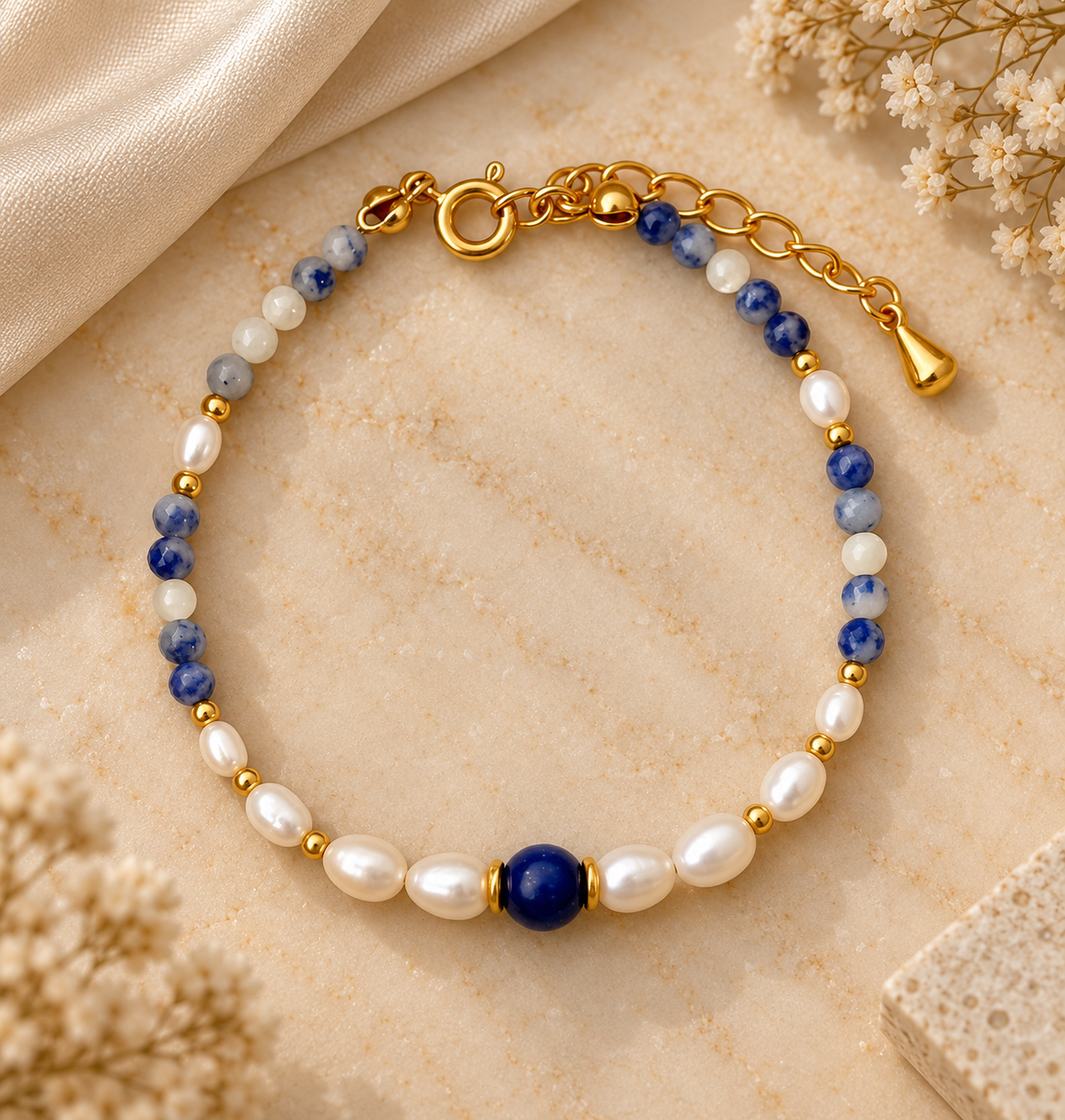 Tiger Eye & Blue Pattern Pearl Bracelet