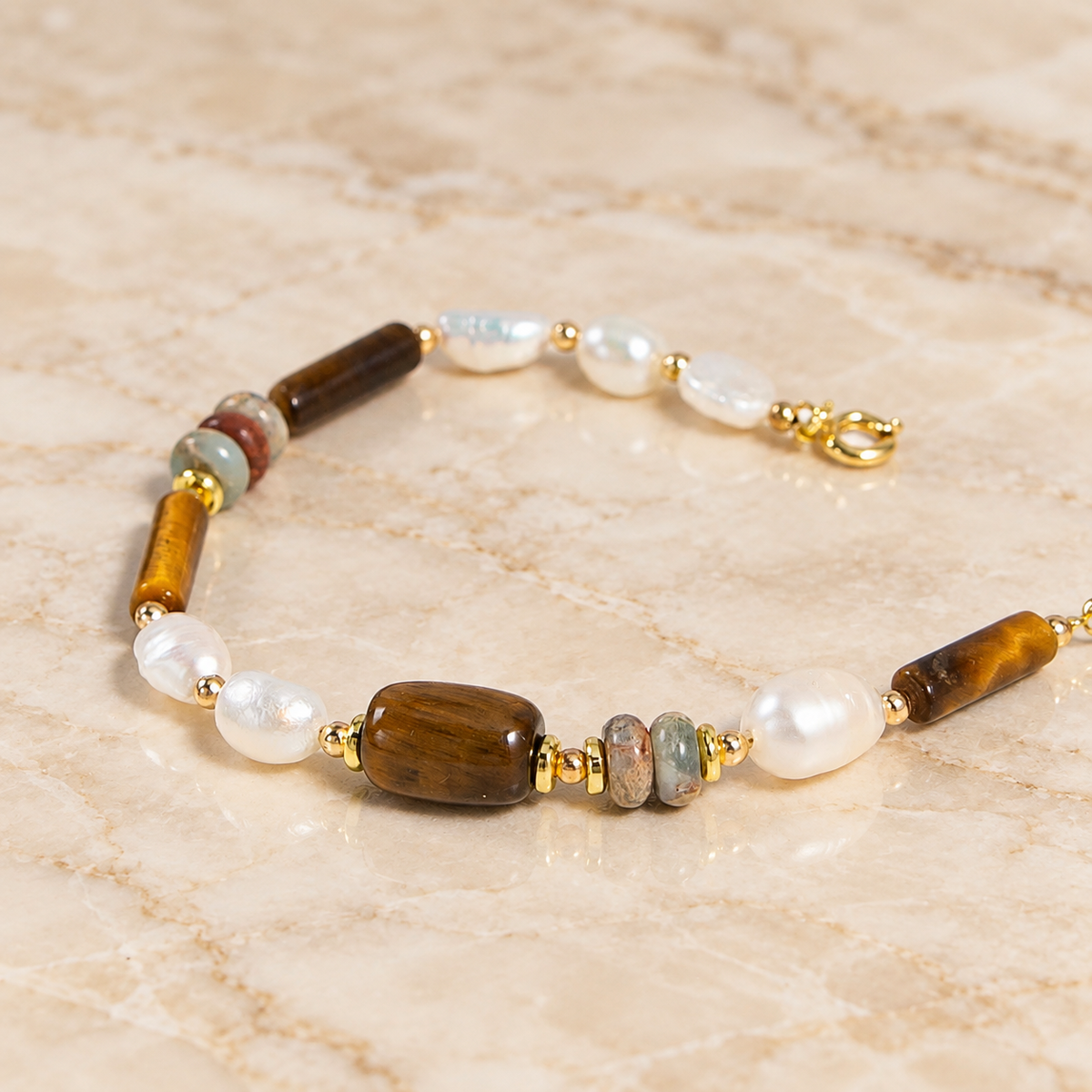 Tiger Eye & Baroque Pearl Beaded Bracelet