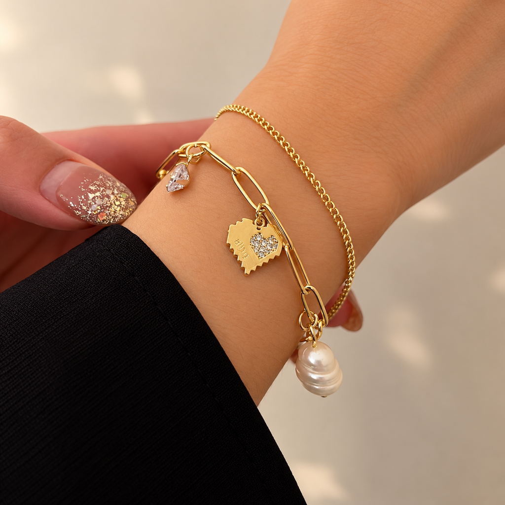 Freshwater Pearl Double-Layer Heart Bracelet