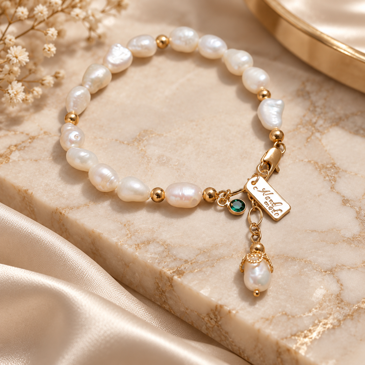 Floral Mother-of-Pearl Bracelet – Gold Tone