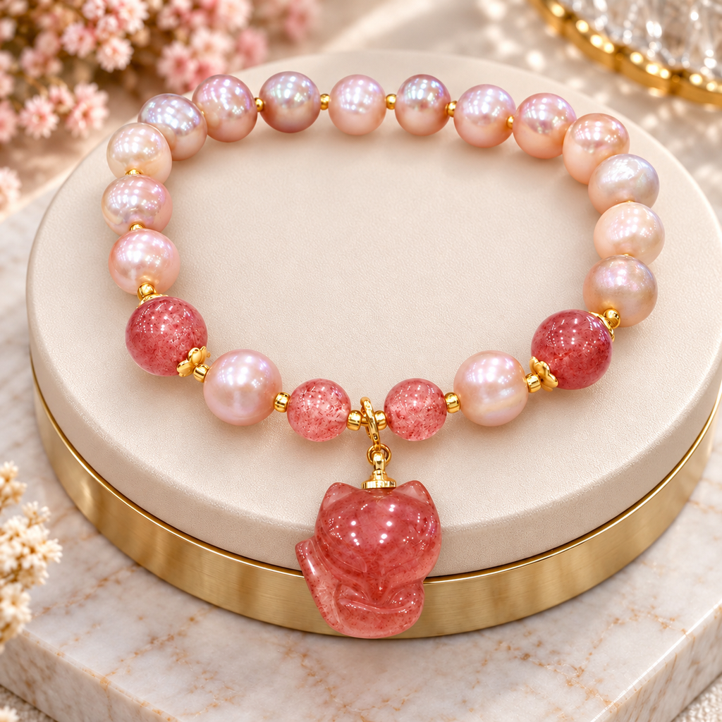 Freshwater Pearl & Strawberry Quartz Fox Bracelet